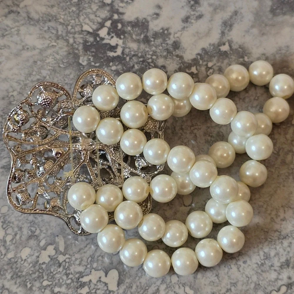 Glam Faux Pearl & Rhinestone 3 Strand Stretch Bracelet - Statement‎ Jewelry